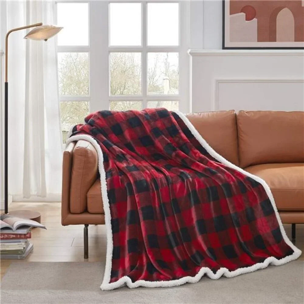 Sherpa Red and Black Buffalo Plaid Christmas Twin Blanket 60